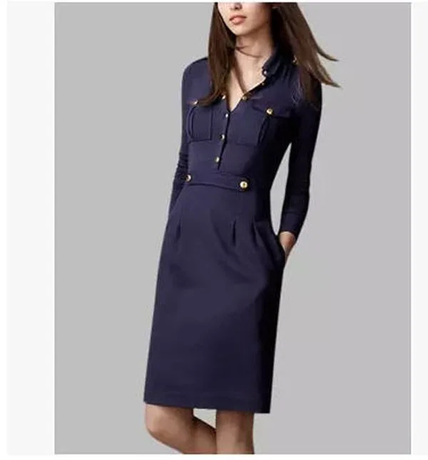 2015 Newest Women Spring Long Sleeves Military Uniform Dress Empire V