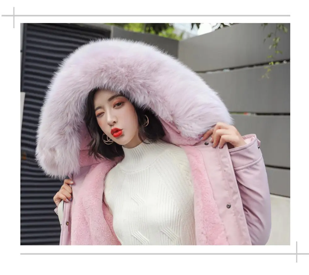 PinkyIsBlack/ модная женская искусственная подкладка из кроличьего меха с капюшоном, длинное пальто, парки, верхняя одежда, большой меховой воротник, зимняя куртка для женщин
