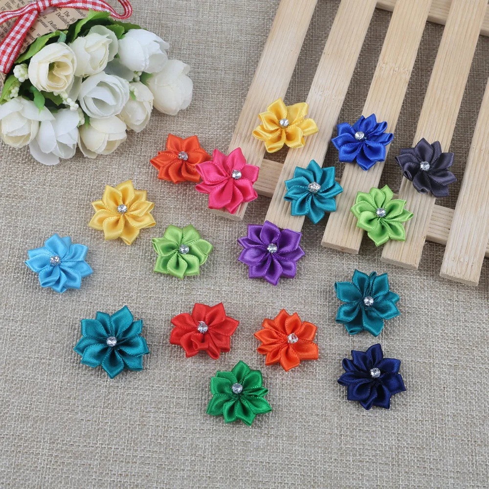 

Random Mix Color 25pcs Mini Fabric Satin Flowers with Rhinestone Flower Sewing Accessories For Crafts/Clothes/Wedding Decoration