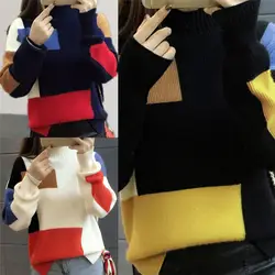 2018 г. женские тянуть роковой Осень зимний свитер контраст Цвет пуловер джемпер с длинным рукавом Половина Водолазка вязаная Топы