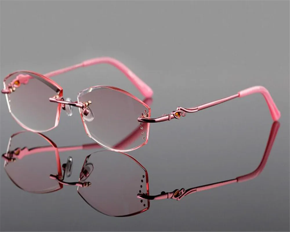 Women Fashion Rimless Alloy Diamond Trimming Eyewear Prescription Lens