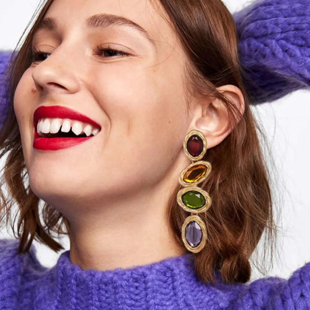 

JUST FEEL ZA Crystal Long Dangle Earrings For Women Shiny Gold Color Round Wedding Drop Earring Christmas Bohemian Party Jewelry