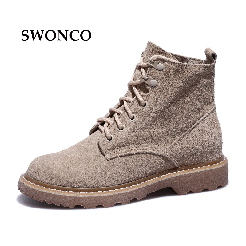 

SWONCO Women's Ankle Boots 2018 Spring Autumn Leather Lace Up Ladies Boot Ankle Boots For Women Black Brown Woman Boot Girl Shoe