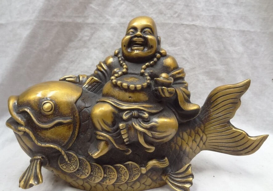 

song voge gem S5122 11" Chinese Bronze YuanBao Happy Laughing Maitreya Buddha Ride Coin Fish Statue