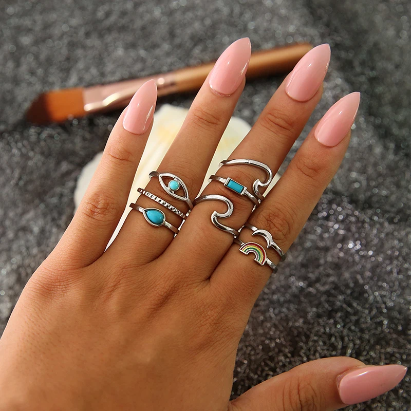 

Women Rings Set Retro Wave Moon Eye Crystal Geometry Silver Ring Female Personality Engagement Party Jewelry Accessories