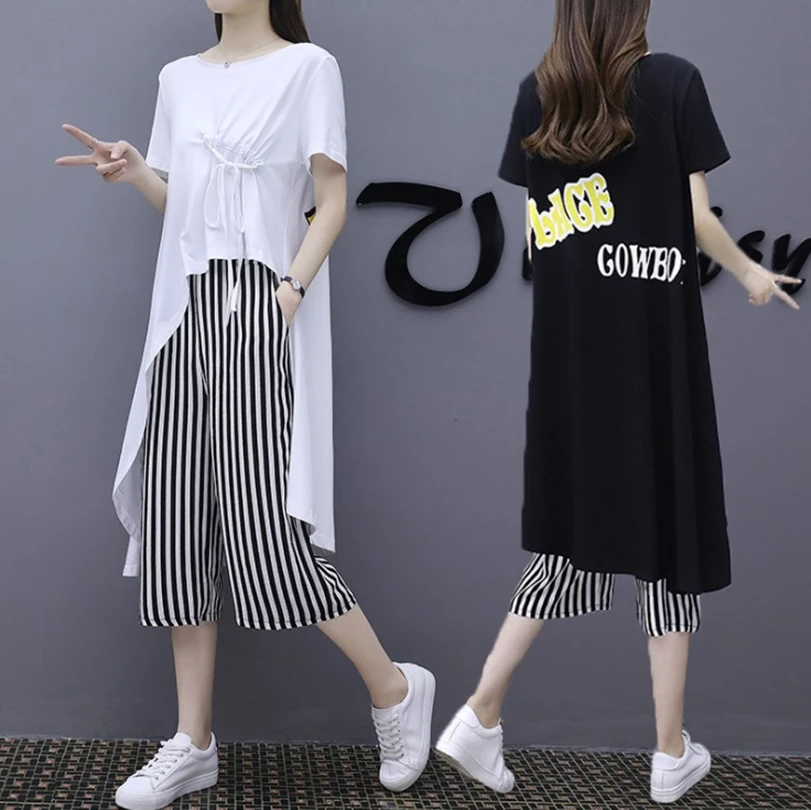 

Spring and summer new style t-shirt + fashion wide leg pants summer Large size M-4XL two-piece suit