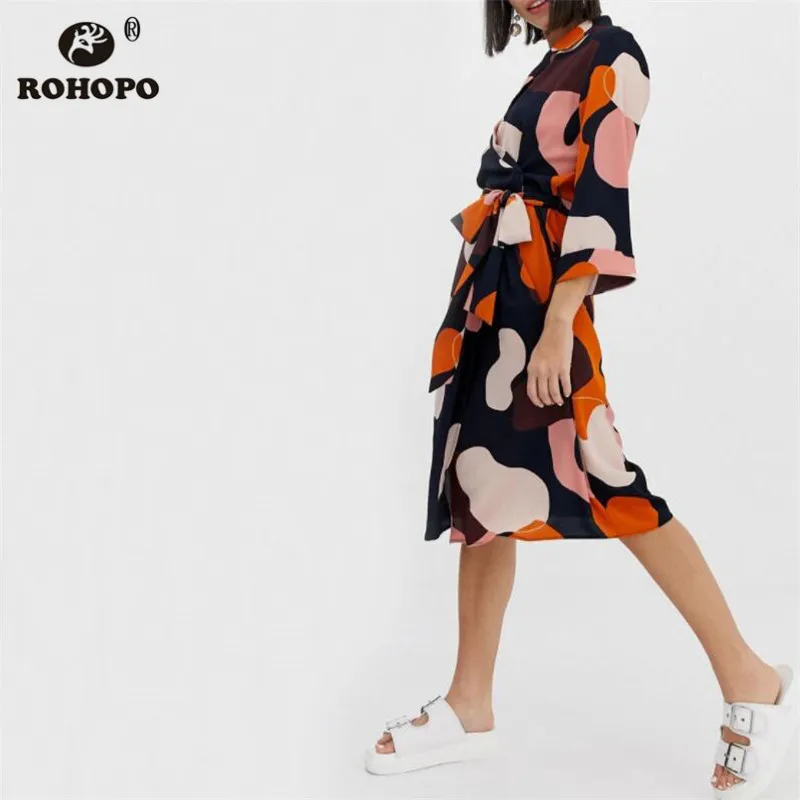 

ROHOPO Autumn Women Sleep Dress Notched Collar Warp High Waist Belt Three Quarter Sleeve Printed Midi Retro Dress #BM1789