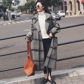

Blends Women Elegant High Quality Plaid Pockets Sweet Womens Long Coats Warm Turn-down Collar Loose Korean Style Ladies Outwear