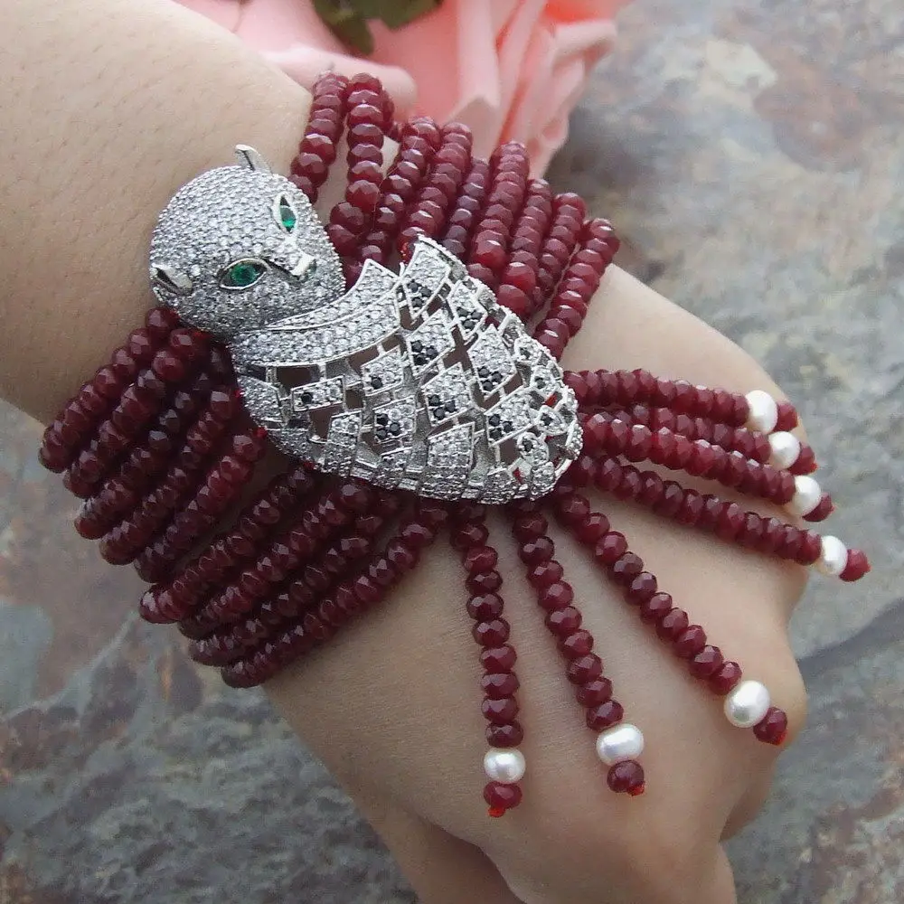 

GE032711 8" 9 Strands Red Stone White Pearl Bracelet