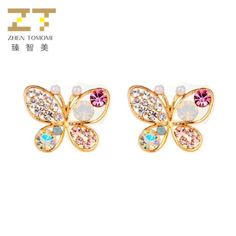 

2019 Hot Women's Fashion Earrings Bijoux Simulated Pearl Hollow Butterfly Colour Crystal Stud Earrings For Woman Jewelry