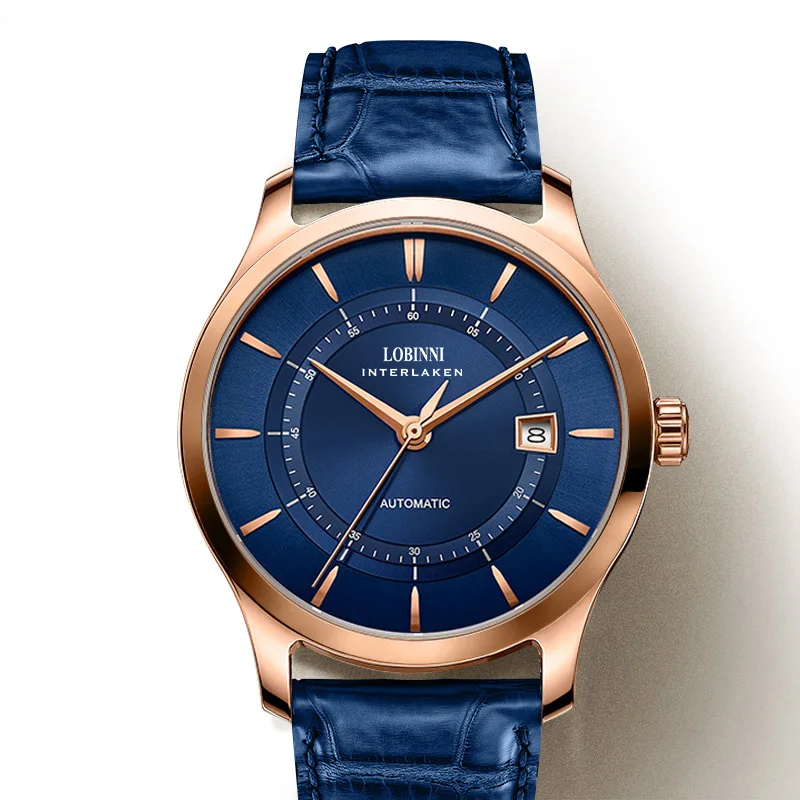  LOBINNI Mens 50M Waterproof Genuine Leather Strap Business Single Calendar Automatic Self-wind Mech