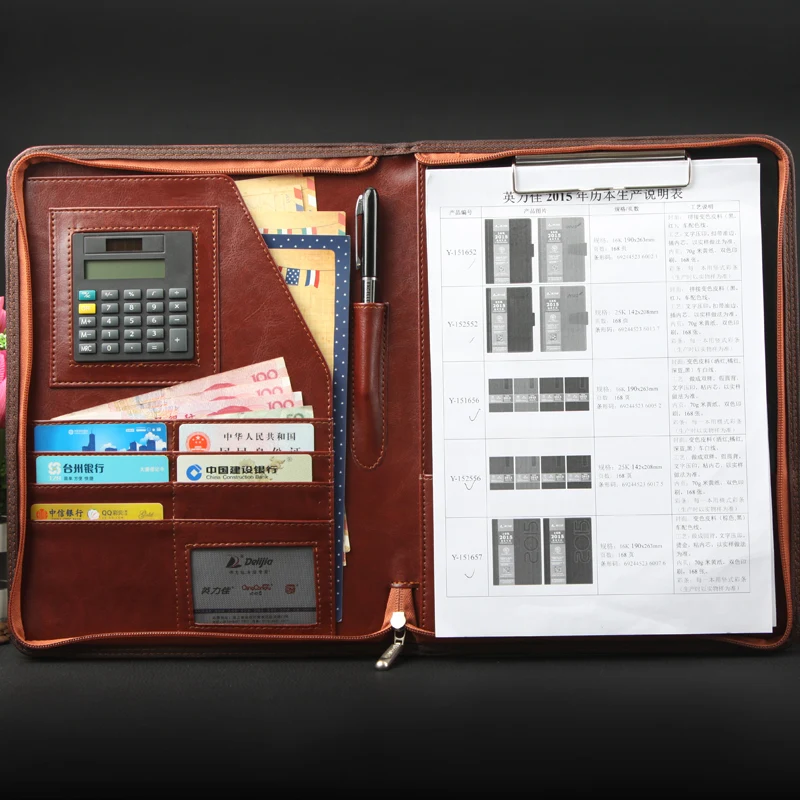 zipper leather manager document A4 PU leather folder Padfolio
