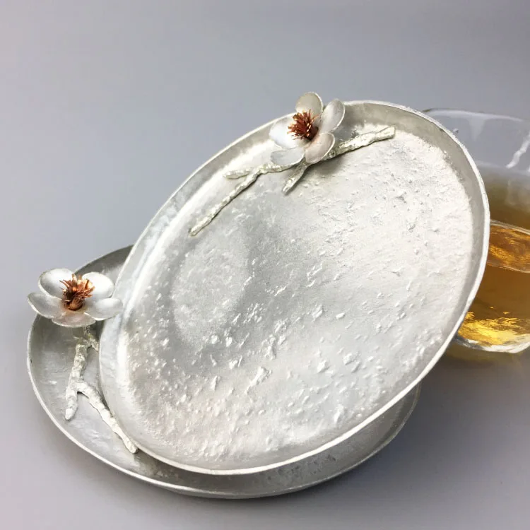 Ручная работа чистый Олово анти-обжигающая подставка трехмерная Слива изоляционная подкладка кунг-фу чайная чашка блюдце креативное блюдо для закусок
