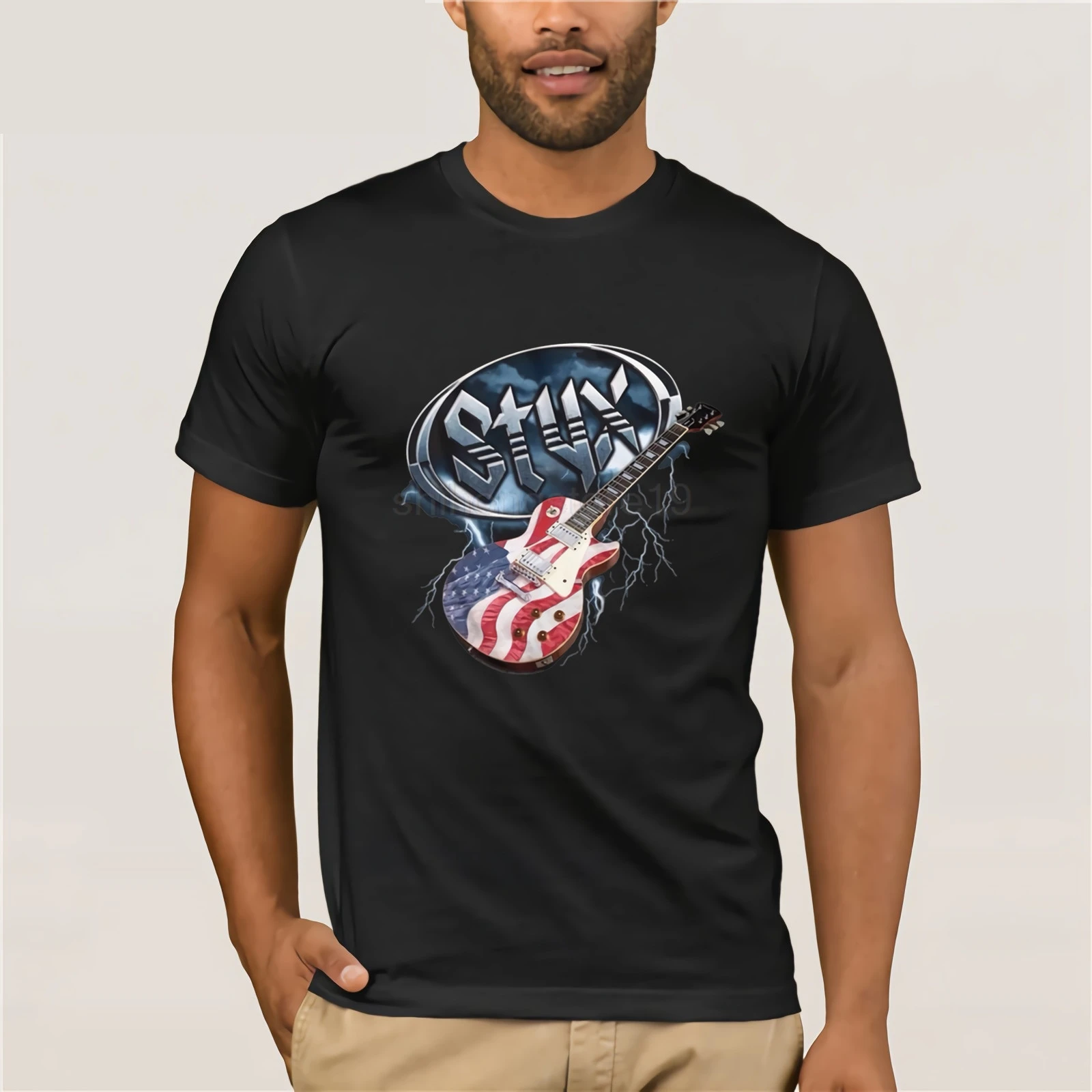 Styx Flag Guitar T Shirt Mens Licensed Rock N Roll Music Band Tee Retro Black 