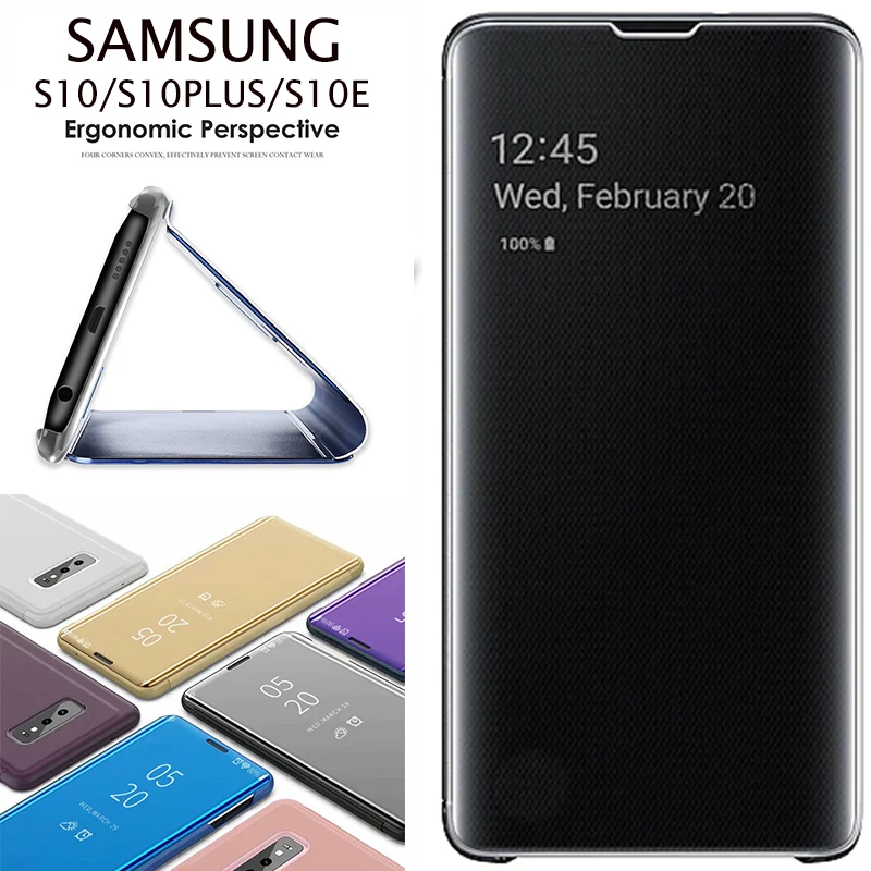 

Leather Smart View Mirror Flip Stand Cover For Samsung Galaxy S10 S10 plus S10 Lite S10E Clear View Flip Case Hard PC Back Cover