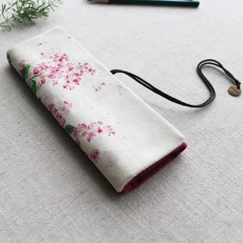 

Vintage Wine Red Floral Canvas School Pencil Case Retro Stationery Roll Pen Curtain Pencils Pouch Holder Cosmetic Bag for Girls