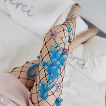 Women Tights Fishnet Stockings Flower Embroidery Sexy Patch Hollow Out Slim Net Pantyhose Mesh Net Tights Club Party Hosiery star decorated net tights