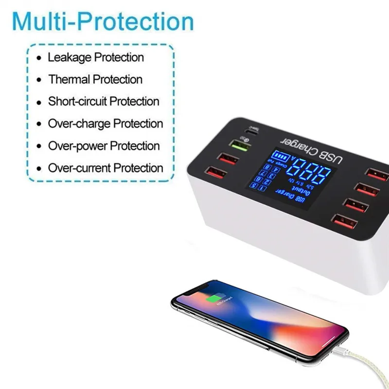 8 Port 8 A Charger Adapter Hub Quick Charge 3.0 USB Multi Port USB Charger Dock Station LCD Display, with Smart Identification#8