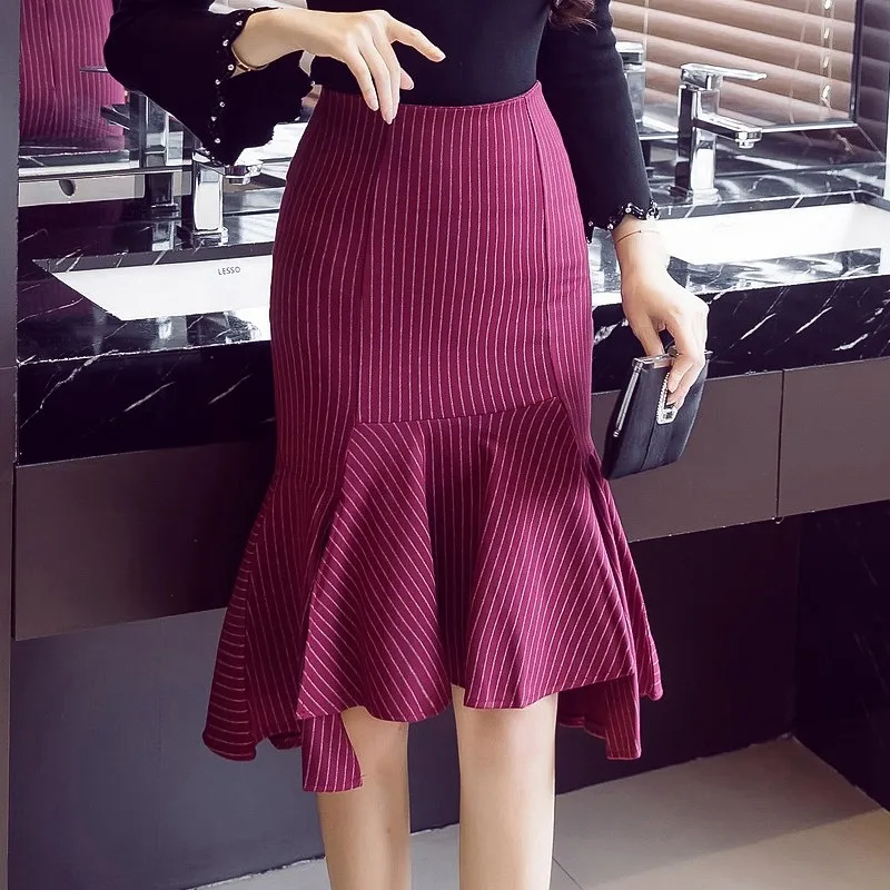 

Women Pencil Skirts 2019 Autumn Winter Elegant Sexy High Waist Skirt Vintage Ladies Office Formal Striped Print Skirt Plus Size