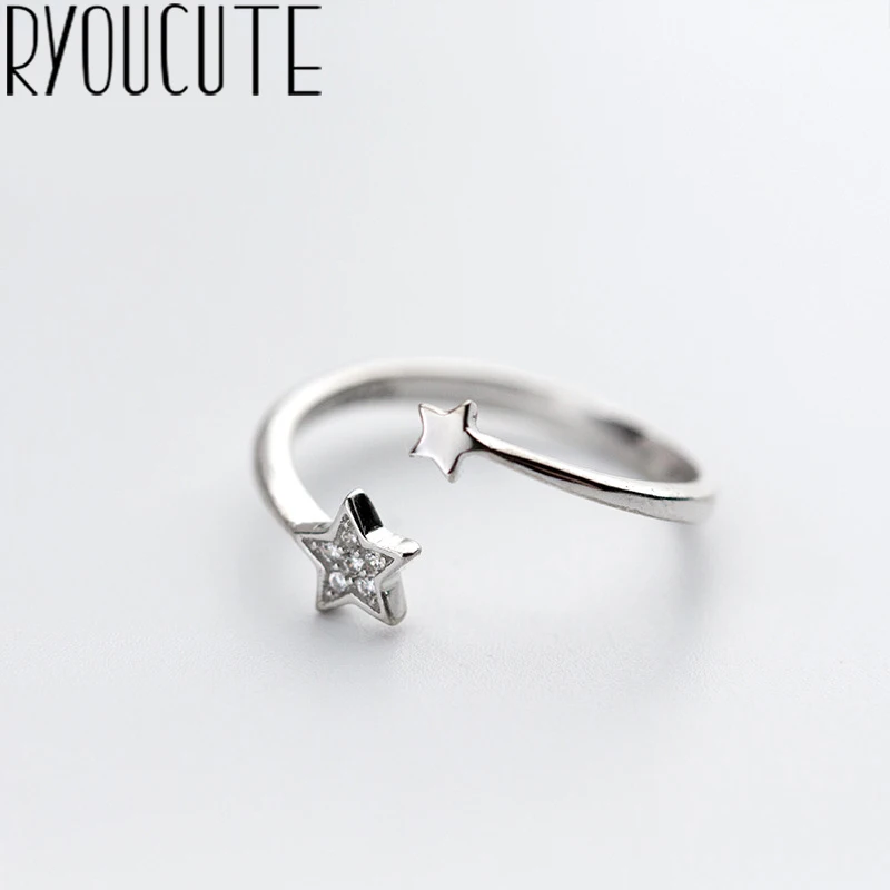 Señora cadena-anillo luna estrella real Sterling plata 925 circonita ajustable