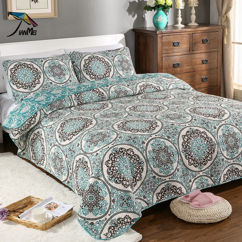 American 3Pcs Set Cotton Quilt Summer Thin Comforter Green Floral Rural