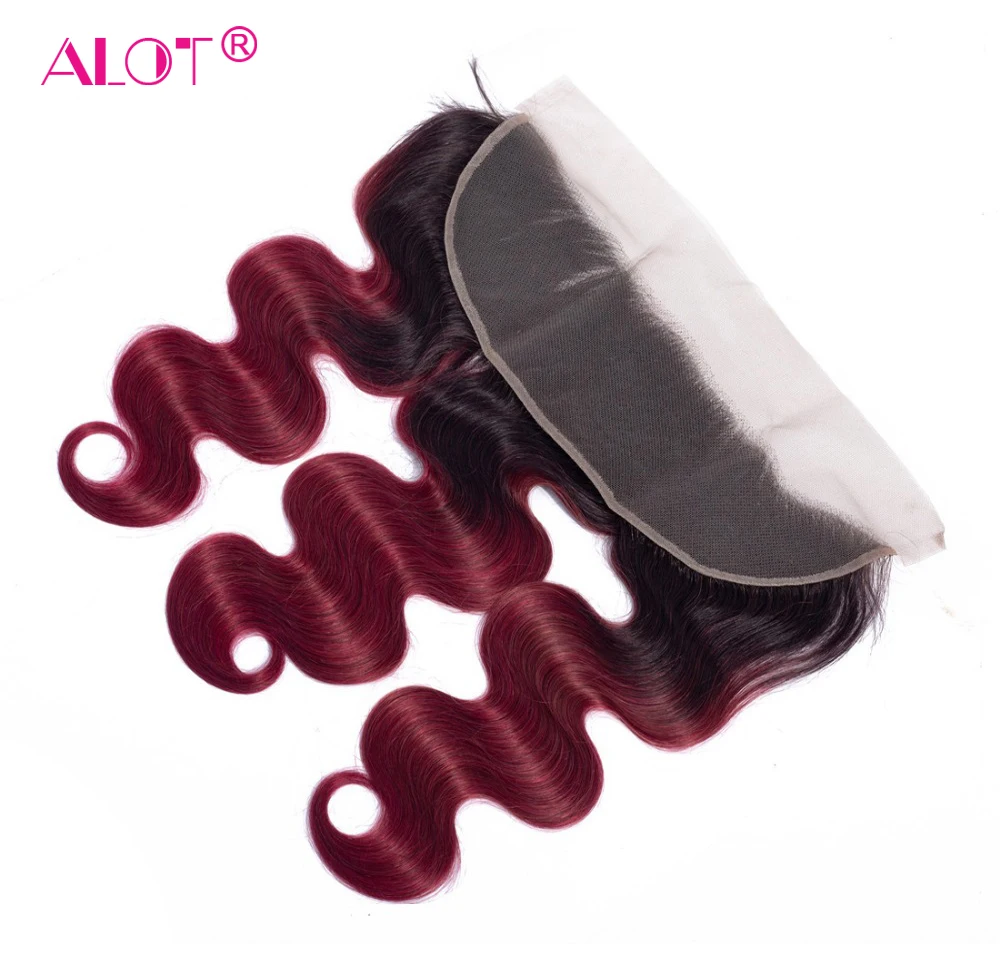 ALot T1B/99J Hair Bundles With Frontal Dark Root Non Remy Malaysia Body Wave Human Hair With Frontal Pre Colored Red Wine Hair