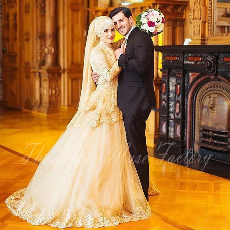 Buy 2017 Muslim Gold Wedding Dresses Ball Gown Long