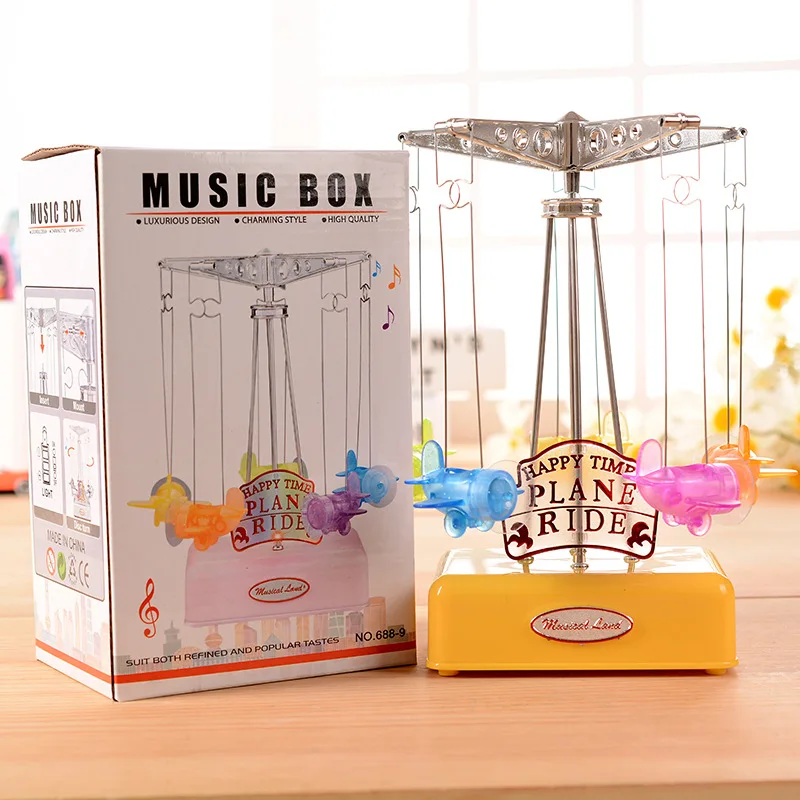 Merry-go-round светодиодный светящийся музыкальный ящик с пластиковой моделью самолета ремесло движение музыкальная шкатулка карусель механизм музыкальная игрушка в подарок для ребенка