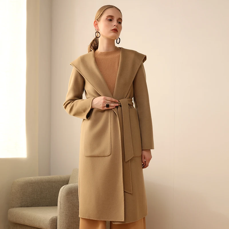 camel Lâche 2018 100 face Mode Ayunsue Capuchon caramel Veste Beige Yq1691 Hiver Laine Manteaux Longue Avec Ceinture Femelle Automne À Manteau Femmes Double B7g7dwq