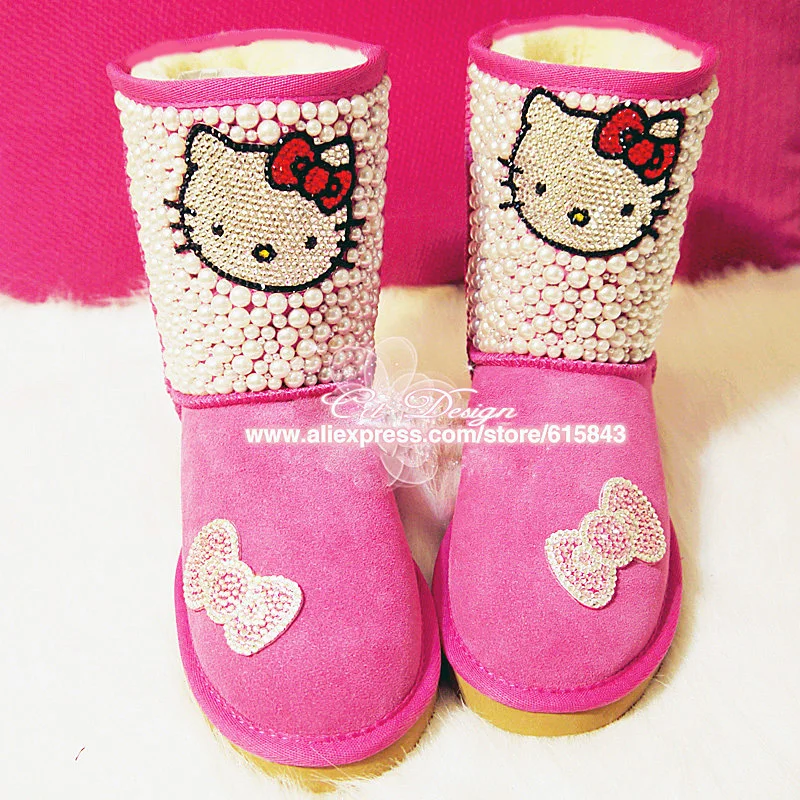 Women Boots Genuine Leather Plush Waterproof Pearls Rhinestones Rose