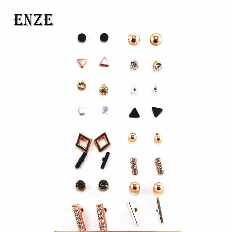 

ENZE free shipping fashion ladies jewelry 16 pairs / set of geometric rose gold color couple earrings combination