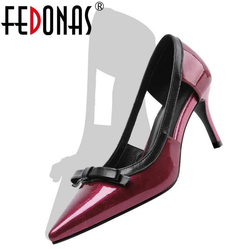 

FEDONAS Fashion Sexy Elegant Pointed Toe Thin Heels Women Pumps Genuine Leather Patent Leather Spring Summer Single Shoes Woman