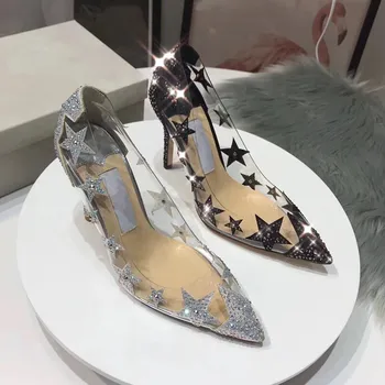 

Rhinestone Star Pointed Sexy PVC Transparent Stiletto Shallow Banquet High Heel Single Shoes Women Summer Blingbling Shiny Pumps