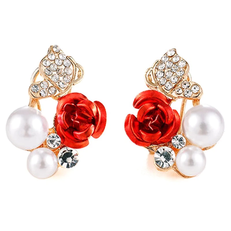

New Hot ! Fashion Fine Excellent Jewelry Red Rose Butterfly Pearl Gold Color Brincos Stud Earrings Women Ladies Gift