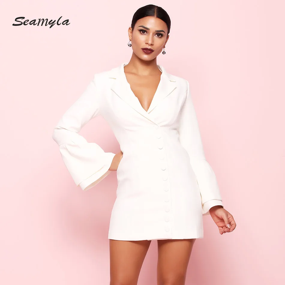 

Seamyla 2019 New White Black Notched Slim Blazers Elgant Flare Sleeve Single Breasted Women Coats Slim Summer Casual Out Wear