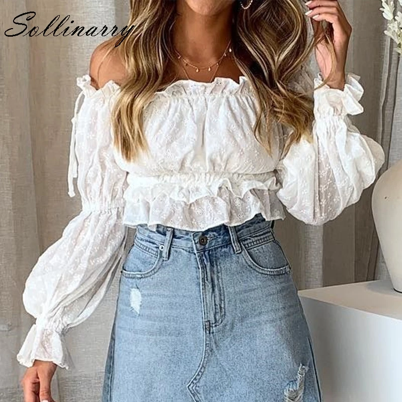 

Sollinarry White Sexy Women Crops Tops and Blouse 2019 Off Shoulder Slash Neck Blouse Girl Lantern Sleeve Shirts Boho