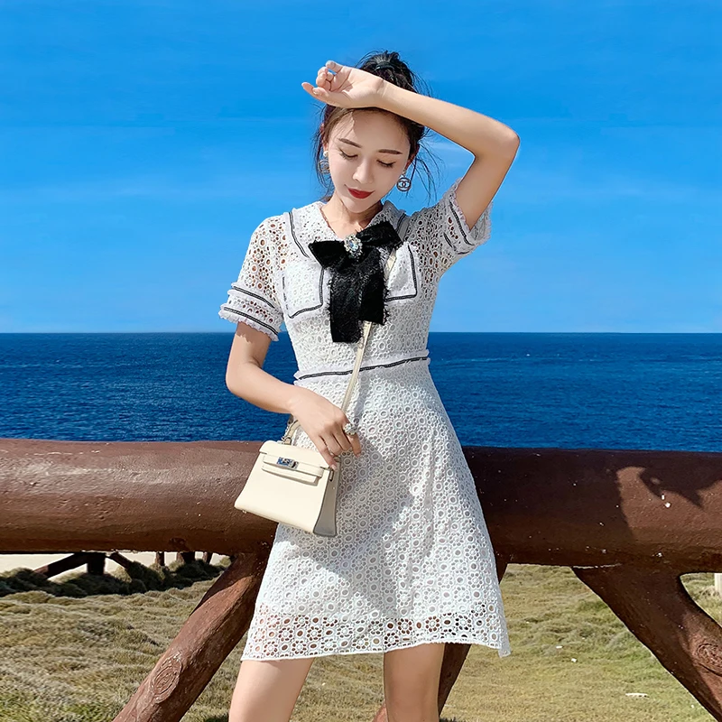 

Small Sweet Style Dress Slim 2019 Newest Summer High Quality White Lace Dress Cute Casual Midi Dresses Vestidos With Bow