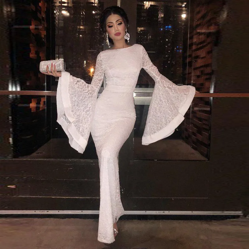 

Lace Printing O Neck Woman Dress 2019 Winter Long Sleeve Flare Sleeve Party Club Maxi Dresses A-Line Hollow Out Zip Vestido
