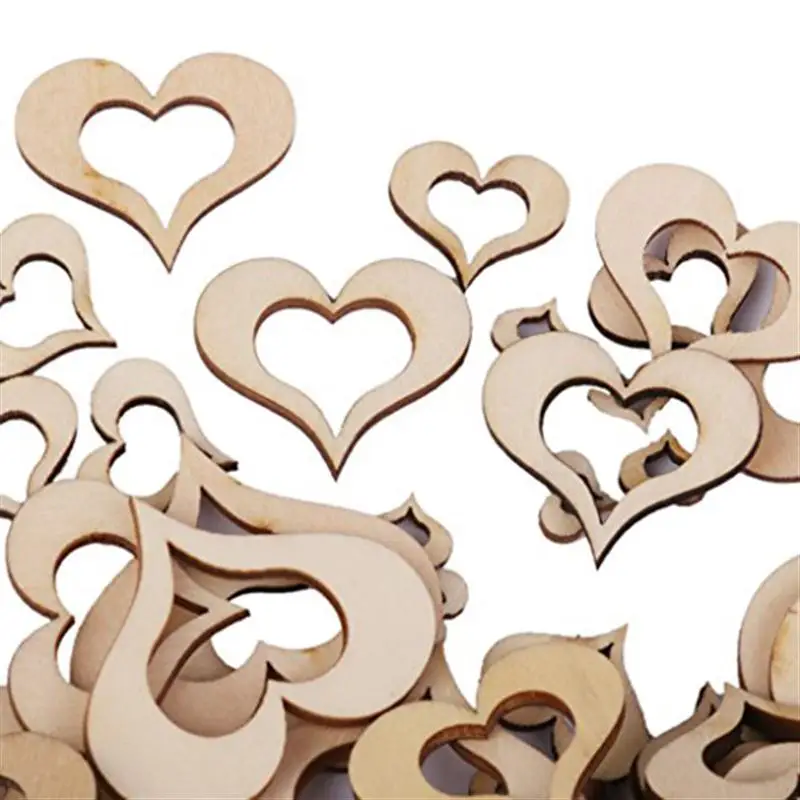 100 Pcs/Set 10MM 50MM Blank Hollow Wooden Heart Embellishments Crafts