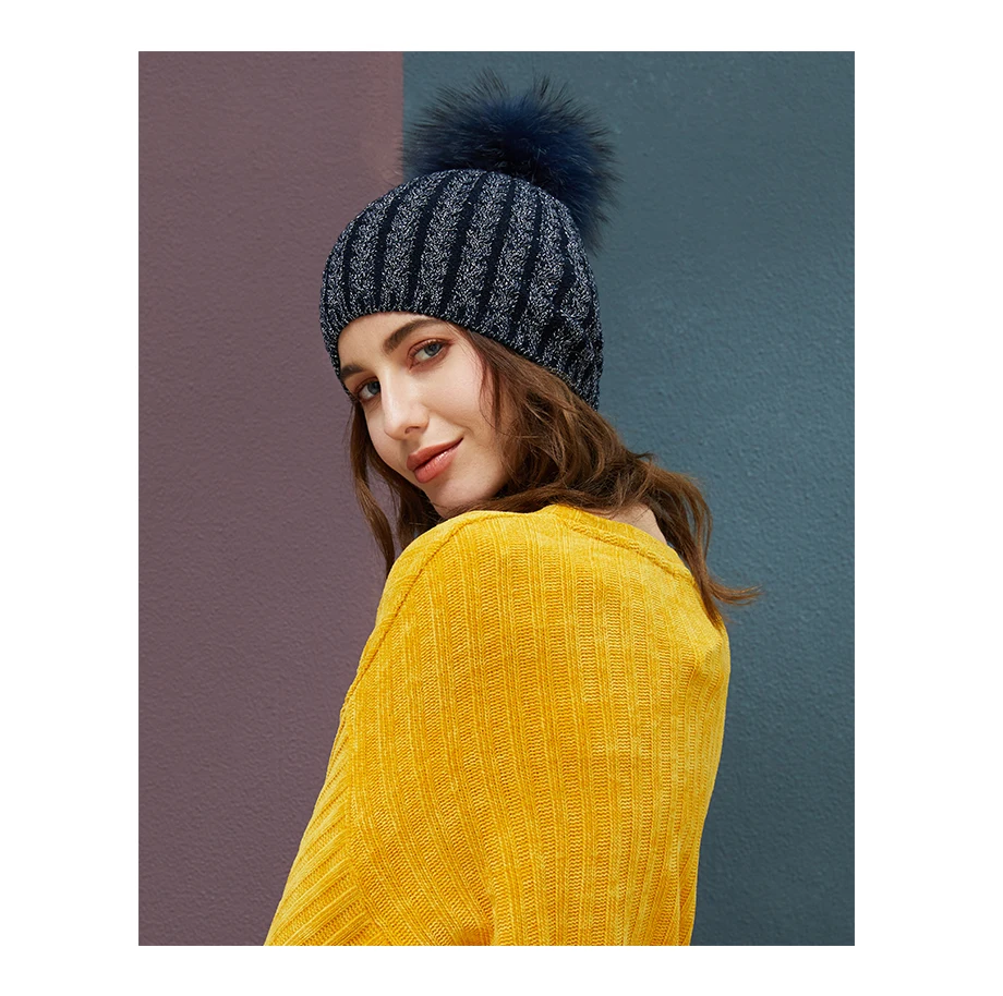 Winter Hats For Women Warm Beanie Real Fur Pompom Wool Hat Female Twist-Type Cap Bright Silk Beanies Women's Hat 5 Colors (5)