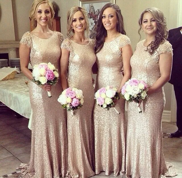 Champagne gold Long Bridesmaid Dresses Sequined Short Sleeve Floor Length Bridesmaid Dress 2015
