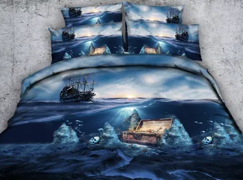 

Pirate Themed bedroom decor for children teens boys bedding set 4pcs single bedclothes 3d blue sea and ship quilt cover king 6pc
