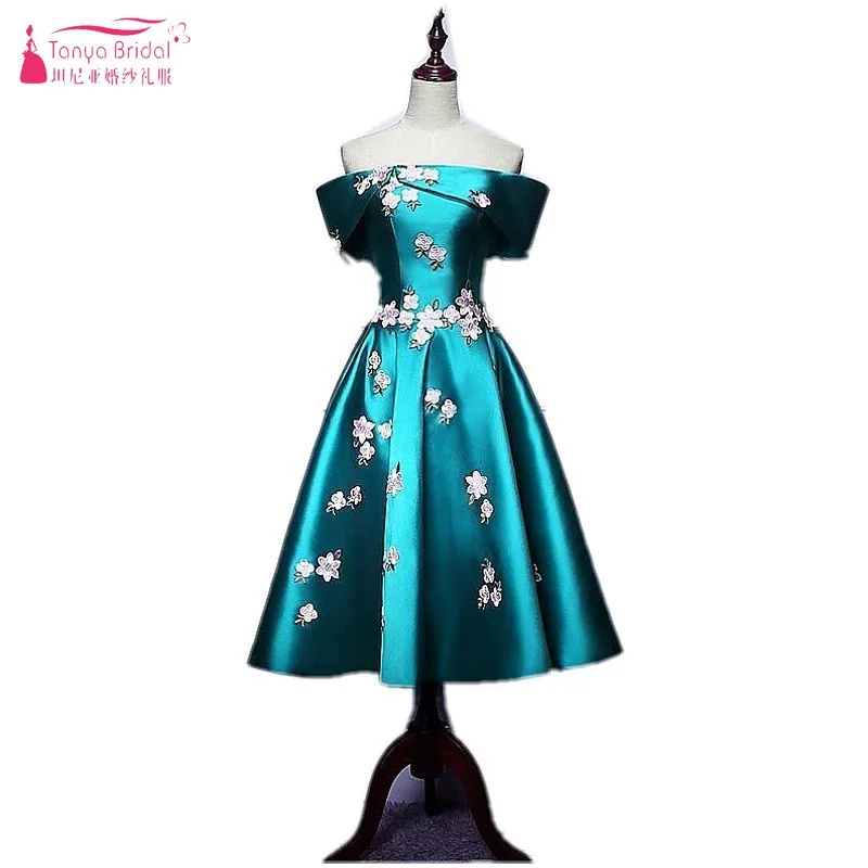 

Off The Shoulder Short Prom Dresses 2017 Embroidery Turquoise Green Satin Evening Dress vestido de festa