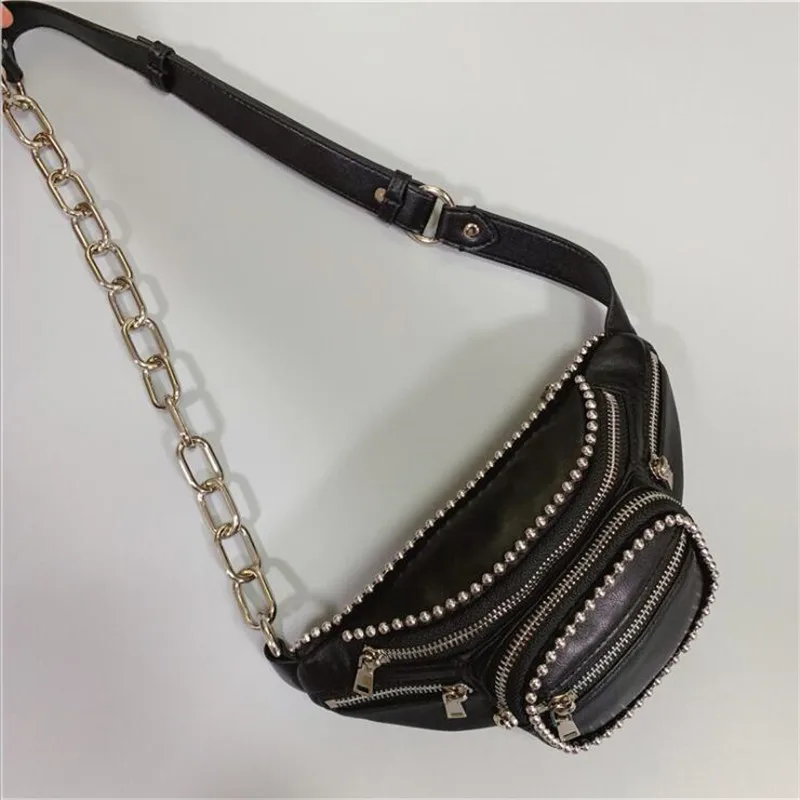 

100% Real Genuine Leather Studed Rivets Chain Zipper Mini Crossbody Shoulder Bags Chest Waist Bum Belt Packs Women Female