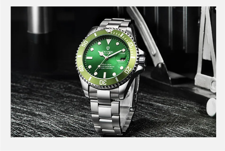 Top Brand Men Mechanical Watch TEVISE T801A Automatic Date Fashion Wristwatches Rotable Outer Case Green Male Clock Fixing Tool