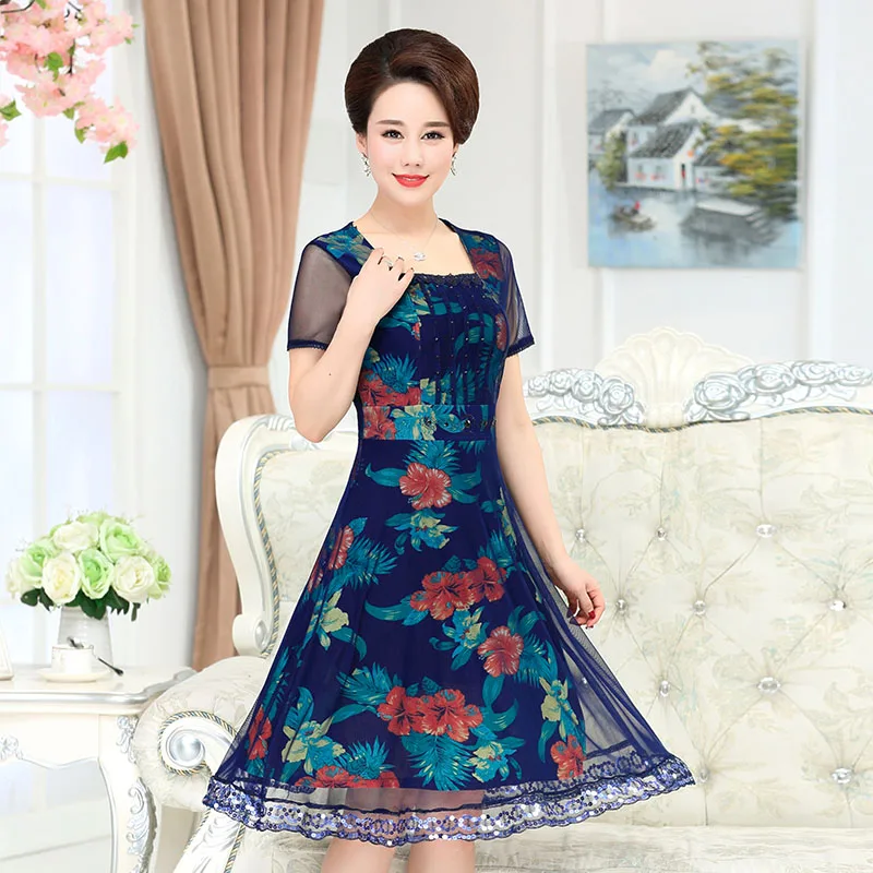 18 spring and summer middle aged women's dress mother dress long