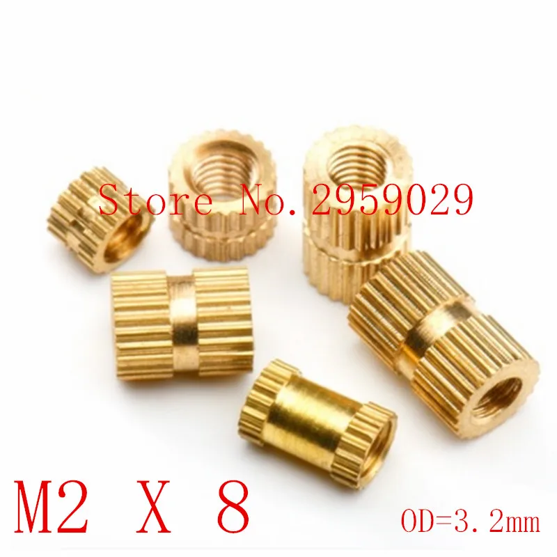 200pcs M2 x 8mm x OD 3.2mm M2*8 Injection Molding Brass Knurled Thread