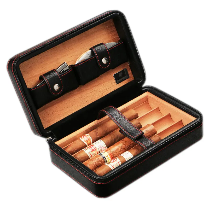 Luxury Cohiba Cigar Box Case Hold 4pcs Cigars Genuine Leather Wood