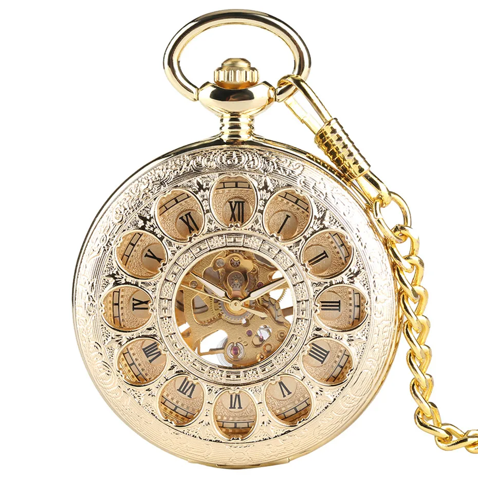 Полностью Золотые механические карманные часы с полым скелетом, ручной подвесной медальон, винтажные часы для мужчин и женщин, новинка P2157C