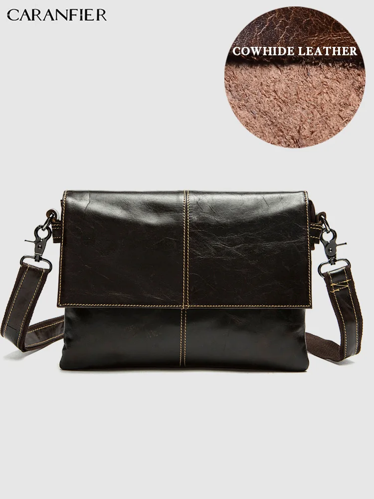 

CARANFIER Mens Travel Bags Genuine Cowhide Leather Flap Pocket Casual Male Shoulder Messenger Bags Double Zipper Crossbody Bags